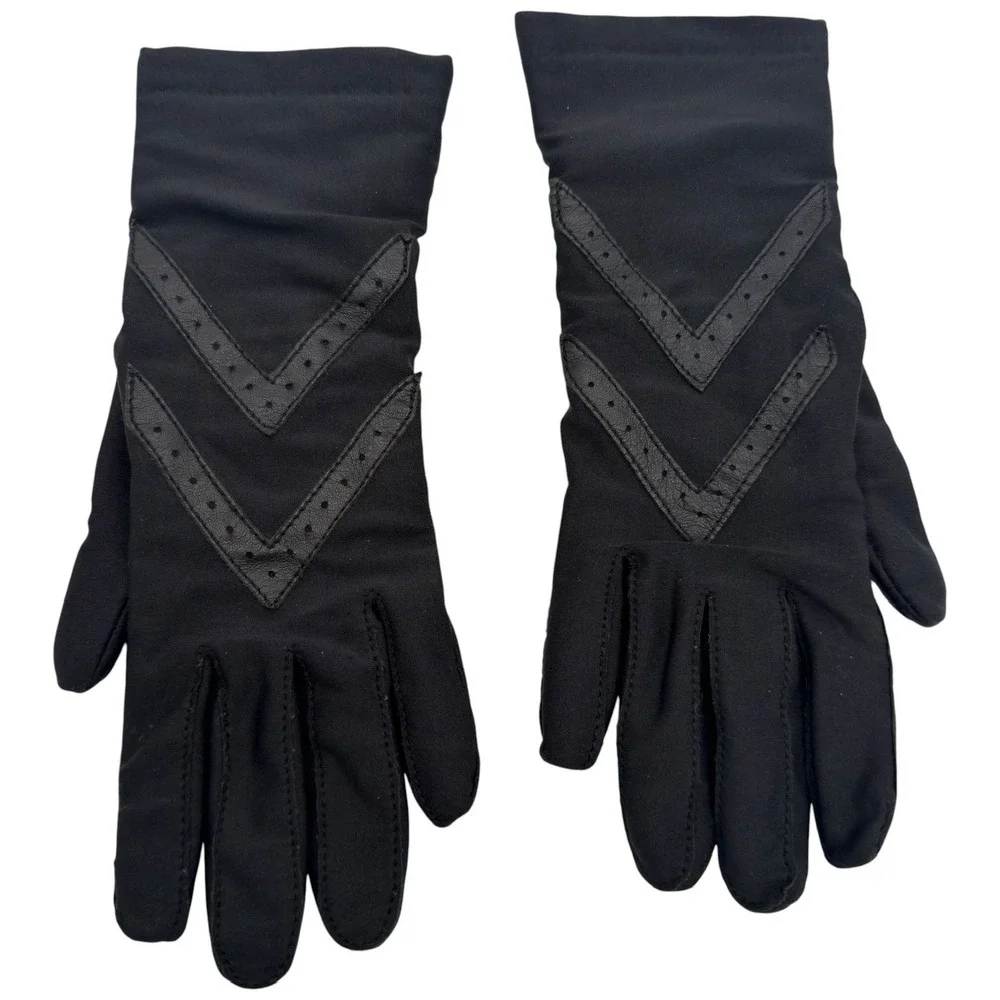 Vintage Isotoner Aris Warm-Ups Black Gloves Leather Chevron Lined Women's OS